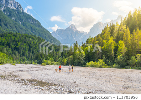 A group of people with dog explore a dry river bed in the scenic surroundings of Triglav National Park, with the imposing peaks of the Julian Alps in the background. Jasna near Kranjska Gora, Slovenia 113703956