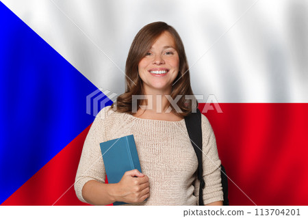 Happy woman student against Czech flag background. Travel, education Happy woman student against Czech flag background. Travel, education 113704201