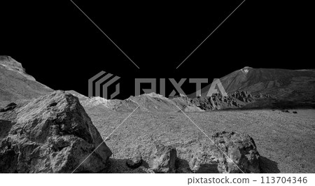 Moon background landscape with desert, stone and black sky Moon background landscape with desert, stone and black sky 113704346