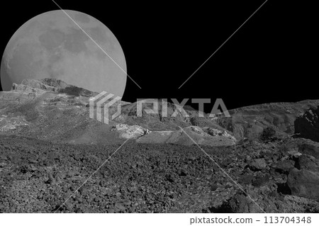 Desert asteroid landscape with big planet on black sky. Exploration and science fiction background 113704348