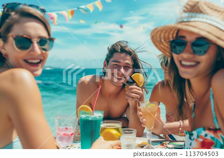 Young friends on summer holidays having fun at beach party 113704503