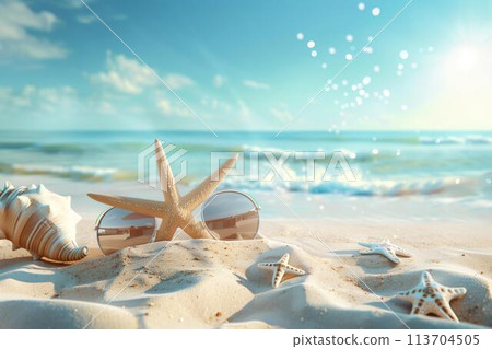 Illustration of relaxing beach scene with sunglasses and starfish on the sand Illustration of relaxing beach scene with sunglasses and starfish on the sand 113704505
