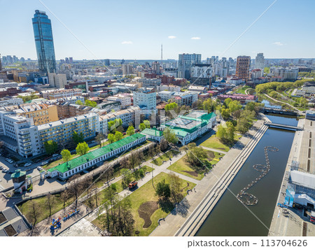 Embankment of the central pond and Plotinka. The historic center of the city of Yekaterinburg, Russia, Aerial View Embankment of the central pond and Plotinka. The historic center of the city of Yekaterinburg, Russia, Aerial View 113704626