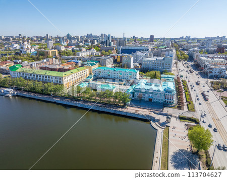 Embankment of the central pond and Plotinka. The historic center of the city of Yekaterinburg, Russia, Aerial View Embankment of the central pond and Plotinka. The historic center of the city of Yekaterinburg, Russia, Aerial View 113704627