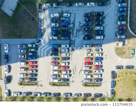 Open air big parking for residents of the area, top aerial view from high. 113704635