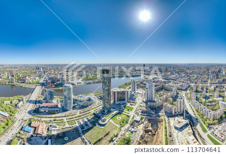 Yekaterinburg city with Buildings of Regional Government and Parliament, Dramatic Theatre, Iset Tower, Yeltsin Center, panoramic view at summer sunset. 113704641