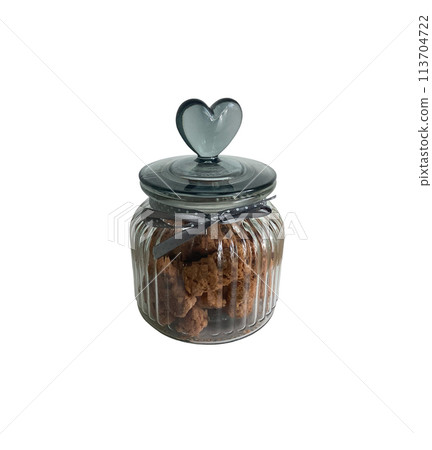 Glass transparent jar with sweet biscuits isolated cutout object, kitchen accessory, dishes for holiday, tasty baked dessert, clipping path Glass transparent jar with sweet biscuits isolated cutout object, kitchen accessory, dishes for holiday, tasty baked dessert, clipping path 113704722