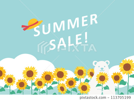 Summer background illustration with sunflowers and polar bear 113705199