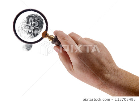Male Hand Holding Magnifying Glass Viewing A Fingerprint on a White Background. Male Hand Holding Magnifying Glass Viewing A Fingerprint on a White Background. 113705493