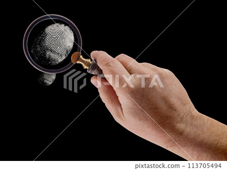 Male Hand Holding Magnifying Glass Viewing A Fingerprint on a Black Background. 113705494