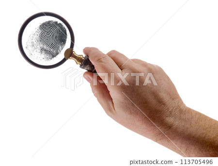 Male Hand Holding Magnifying Glass Viewing A Fingerprint on a White Background. Male Hand Holding Magnifying Glass Viewing A Fingerprint on a White Background. 113705496