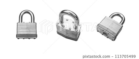 Robust Padlock Set of Different Angles Isolated on a White Background. 113705499