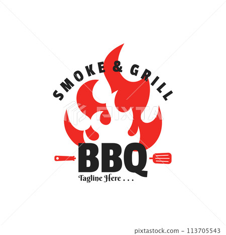 Barbecue BBQ Smoke and Grill Vintage Design Template With Crossed Spatula and Flame. Barbecue BBQ Smoke and Grill Vintage Design Template With Crossed Spatula and Flame. 113705543