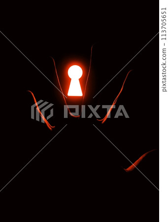 Hand against the background of a glowing red light from inside the keyhole. Concept Hand against the background of a glowing red light from inside the keyhole. Concept 113705651