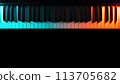 Keyboard instrument (piano, grand, synthesizer) with colored lighting - blue and orange light, low key, minimalistic. Atmospheric music, concert, advertising of music training courses. Copy space. 113705682
