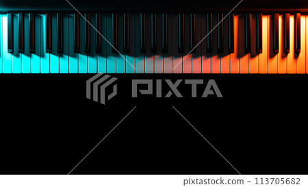 Keyboard instrument (piano, grand, synthesizer) with colored lighting - blue and orange light, low key, minimalistic. Atmospheric music, concert, advertising of music training courses. Copy space. 113705682