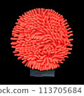 Red microfiber dusting glove programly deformed to round shape and looks like giant virus COVID-19. Close-up on black background. 113705684