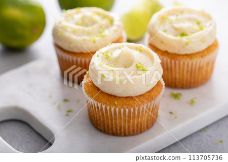 Coconut and key lime cupcakes on serving board 113705736