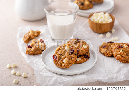 White chocolate and cranberry cookies on a white plate 113705812
