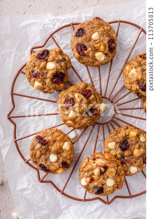 White chocolate and cranberry cookies on a cooling rack White chocolate and cranberry cookies on a cooling rack 113705813