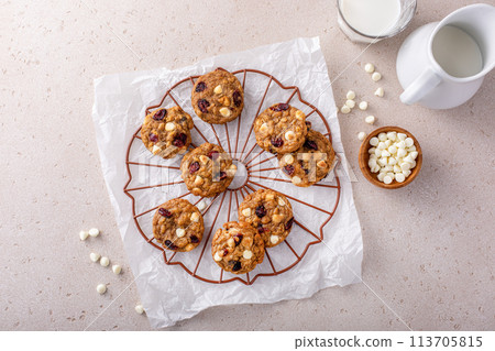 White chocolate and cranberry cookies on a cooling rack White chocolate and cranberry cookies on a cooling rack 113705815