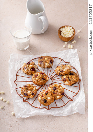 White chocolate and cranberry cookies on a cooling rack 113705817