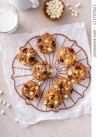 White chocolate and cranberry cookies on a cooling rack 113705821
