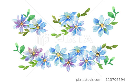 水彩。帶有水彩風格的紫色和藍色花朵的插圖。優雅的花卉框架。水彩矢量框架。 113706394