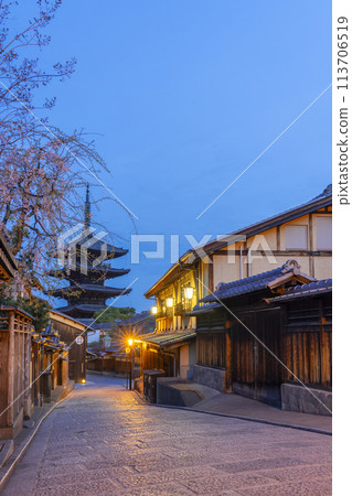 Kyoto in spring Night cherry blossoms and Yasaka Pagoda 113706519