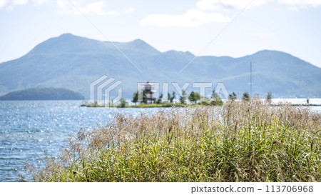 洞爺湖畔的蘆葦叢,背景是浮禦堂和有珠山 16:9 洞爺湖町 洞爺湖畔的蘆葦叢,背景是浮禦堂和有珠山 16:9 洞爺湖町 113706968