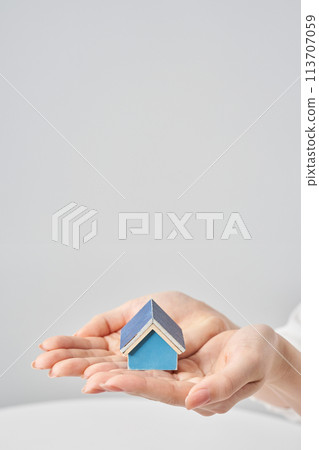 A model of a house in the palm of a woman's hand 113707059
