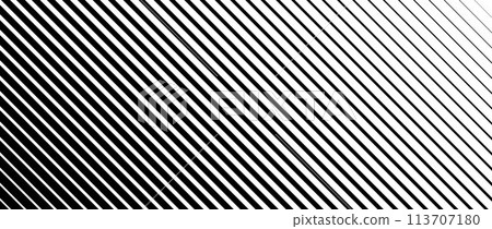 Oblique line halftone gradation texture. Fade diagonal stripe gradient background. Slanted pattern backdrop. Black thin to thick stripe backdrop for overlay, print, cover, graphic design. Vector 113707180