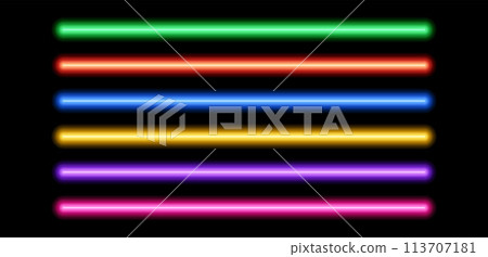 Neon tube lamp set. Glowing led light line beam collection. Bright luminous fluorescent bar stick lines. Shining colorful strip element pack to divide, separate, decorate. Vector illustration Neon tube lamp set. Glowing led light line beam collection. Bright luminous fluorescent bar stick lines. Shining colorful strip element pack to divide, separate, decorate. Vector illustration 113707181