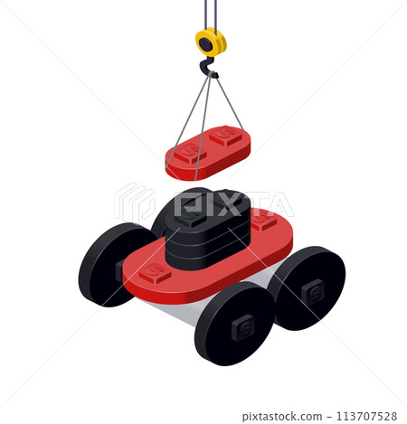 robot lawn mower production concept on white background. Vector 113707528