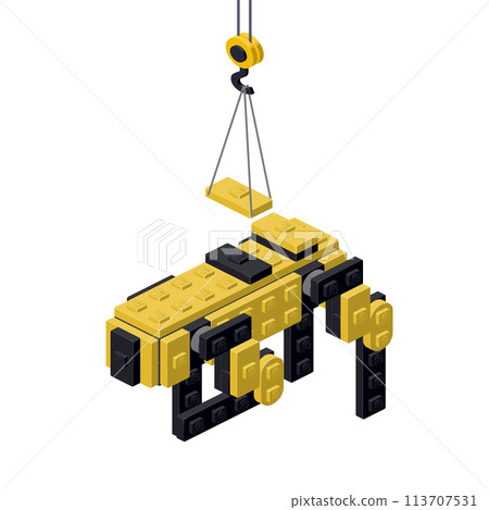 Yellow robot production concept on white background. Vector 113707531