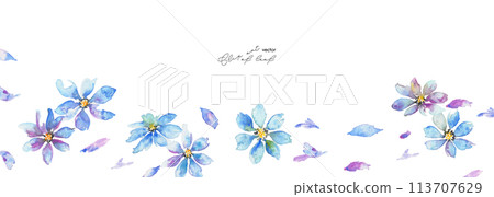 水彩。帶有水彩風格的紫色和藍色花朵的插圖。優雅的花卉框架。水彩矢量框架。 113707629