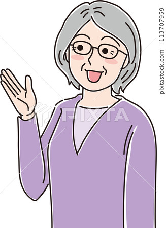 Illustration of a grandmother_introducing_smiling with palms facing up_upper body 113707959