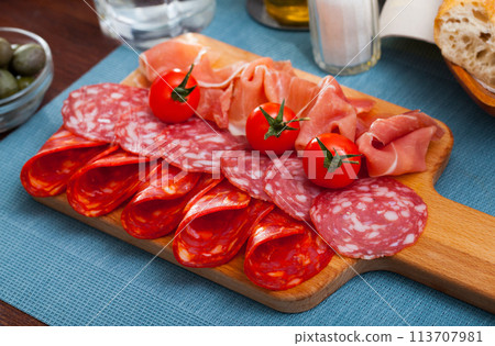 Slices of Spanish dry-cured gammon and sausages Slices of Spanish dry-cured gammon and sausages 113707981