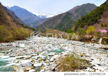 Komagane Bridge / View of the Central Alps (Hokendake, Kisokomatake) from the Otagiri River (Komagane City, Nagano Prefecture) [2024.4] 113708134
