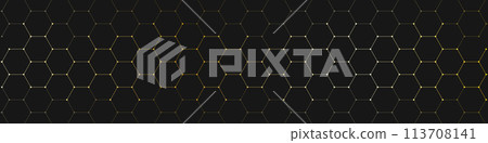 The graphic design element with abstract geometric background of golden hexagons shape for a banner template or header design 113708141