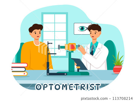 Optometrist Vector Illustration with Ophthalmologist Checks Patient Sight, Optical Eye Test and Spectacles Technology in Flat Cartoon Background 113708214