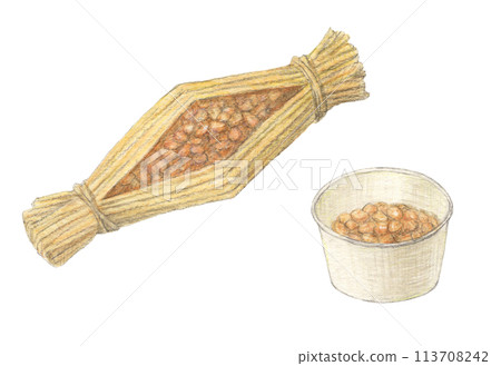 Straw natto and cup natto - watercolor and colored pencil illustrations Straw natto and cup natto - watercolor and colored pencil illustrations 113708242