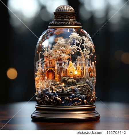 Beautiful Christmas tree in a glass vase on a wooden table 113708342
