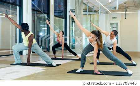 Young adults exercising during pilates class in fitness center 113708446