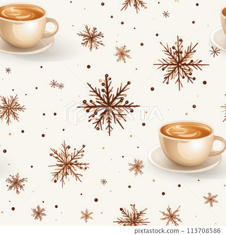 Seamless pattern with coffee cups and snowflakes. Vector illustration. 113708586