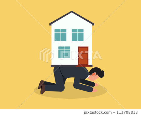 Exhausted businessman struggles carry house on back suffer from bank mortgage or lease burden. Exhausted businessman struggles carry house on back suffer from bank mortgage or lease burden. 113708818