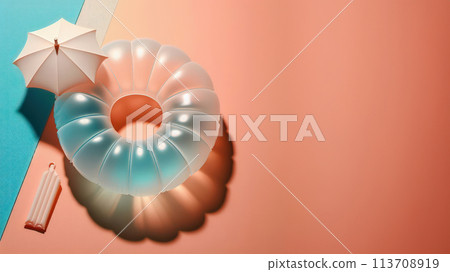 Fun Beach Rubber Ring on the Pastel Background with Creative Copy Space Summer Vacation Concept. 113708919