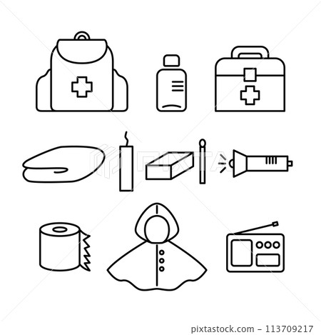 Disaster preparedness supplies line icon illustration set. Vector illustration. 113709217