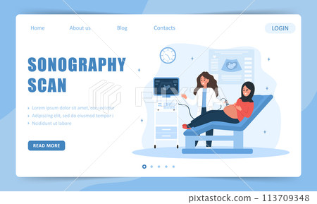 Sonography scan. Landing page template. Female doctor doing fetus screening to future mother. Pregnant arab girl with belly doing ultrasound diagnostic. Embryo health. Cartoon vector illustration Sonography scan. Landing page template. Female doctor doing fetus screening to future mother. Pregnant arab girl with belly doing ultrasound diagnostic. Embryo health. Cartoon vector illustration 113709348
