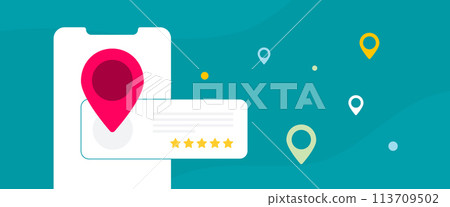 Local SEO strategy for small businesses. Local search listings with map and ratings. Customer satisfaction and growth by managing reviews and complaints effectively. Vector horizontal illustration Local SEO strategy for small businesses. Local search listings with map and ratings. Customer satisfaction and growth by managing reviews and complaints effectively. Vector horizontal illustration 113709502